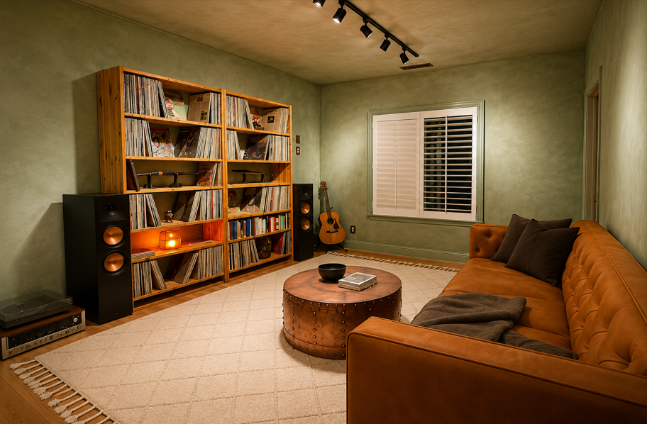 Limewash finish in a dedicated listenign room